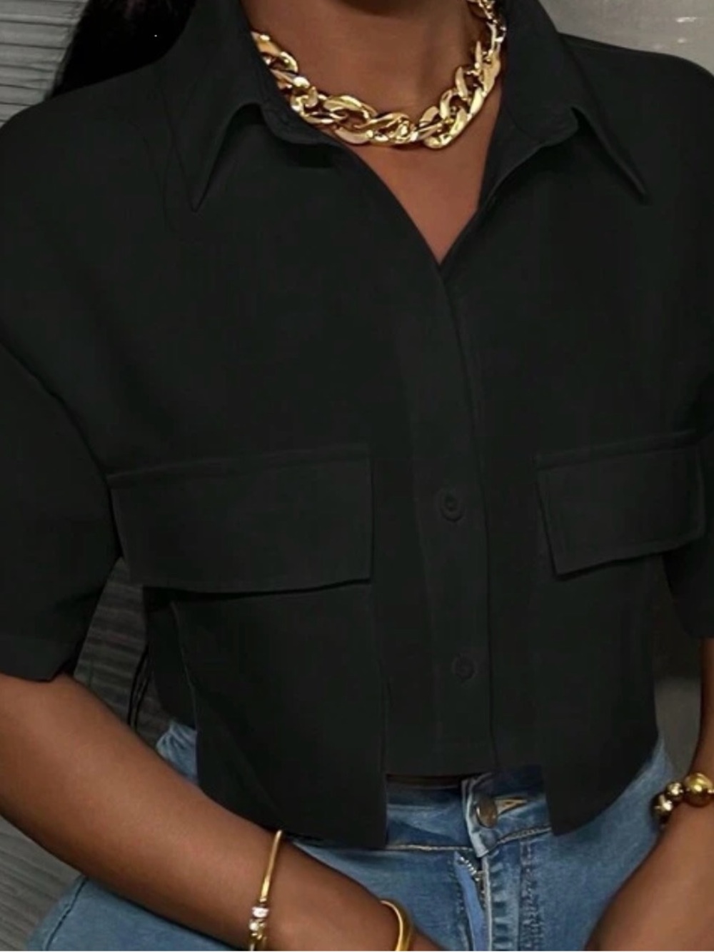 SHEIN Black Cropped Button-Down Shirt with Chest Pockets